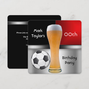 Mens Add Age Birthday Party Red Beer Soccer Ball Invitation