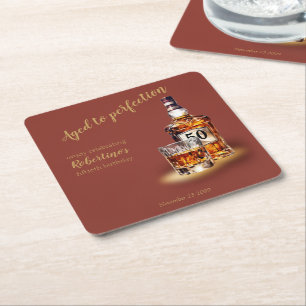 Men's Aged to Perfection Whiskey 50th Birthday Square Paper Coaster