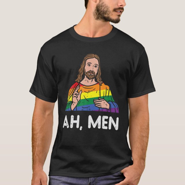 Mens Ah Men Rainbow Gay Jesus Christian LGBT Pride T-Shirt (Front)