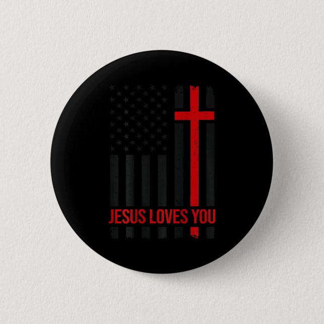 Mens American Flag Jesus Loves You Christian Faith 6 Cm Round Badge (Front)