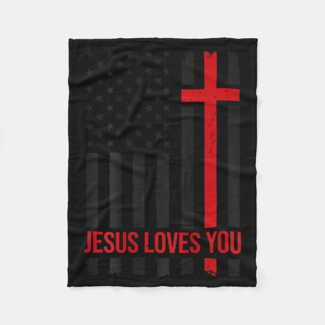 Mens American Flag Jesus Loves You Christian Faith Fleece Blanket (Front)