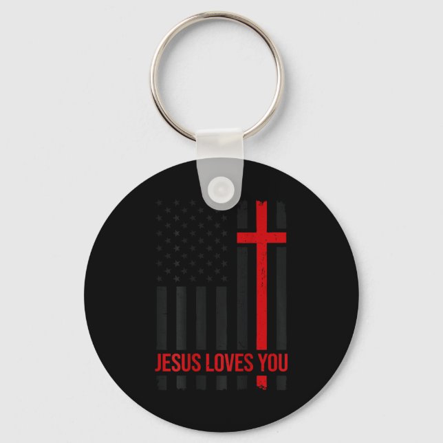 Mens American Flag Jesus Loves You Christian Faith Key Ring (Front)