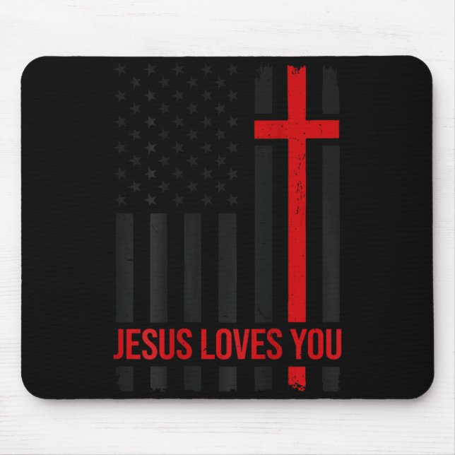 Mens American Flag Jesus Loves You Christian Faith Mouse Mat (Front)