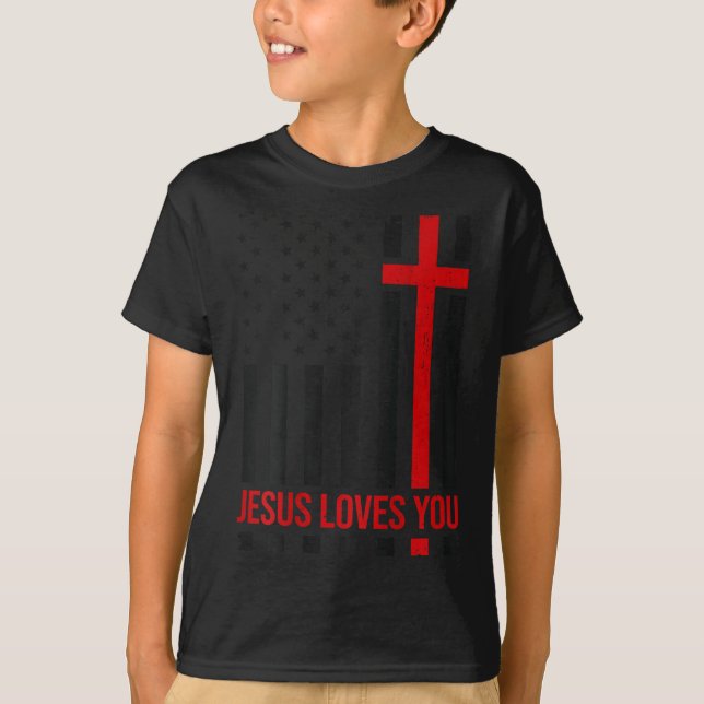 Mens American Flag Jesus Loves You Christian Faith T-Shirt (Front)