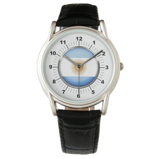 Men's Argentina Flag Crown Black Leather Watch (Front)