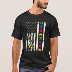 Mens Autism Awareness American Flag Puzzle Piece D T-Shirt