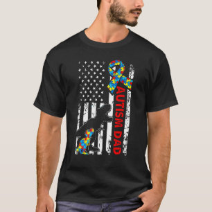 Mens Autism Dad American Flag Dinosaur Puzzle Piec T-Shirt