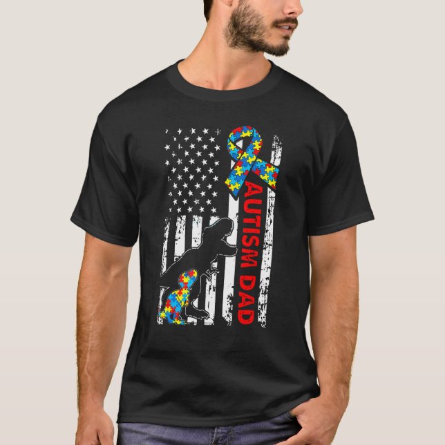 Mens Autism Dad American Flag Dinosaur Puzzle Piec T-Shirt (Front)