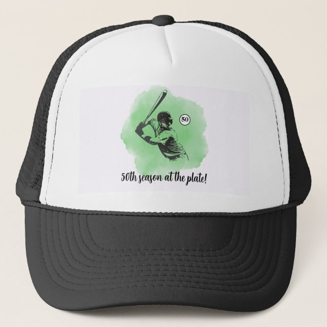 Men's Baseball Hitting 50th Birthday Trucker Hat (Front)