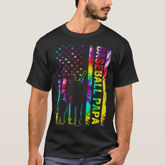 Mens Baseball Papa American Flag Tie dye T-Shirt (Front)
