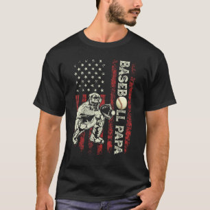 Mens Baseball Papa Flag  Dad Baseball Catcher Fath T-Shirt