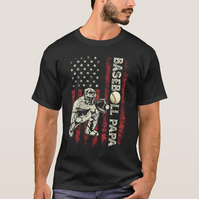 Mens Baseball Papa Flag  Dad Baseball Catcher Fath T-Shirt (Front)
