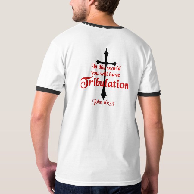 Men's Basic Ringer T-Shirt John 16:33 (Back)