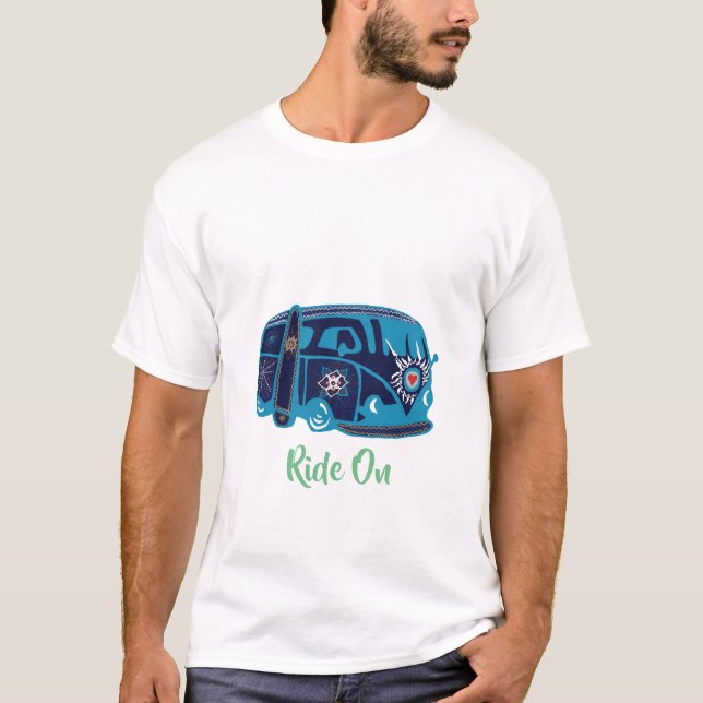 Men's Basic T-Shirt, White Ride On Van Hippie T-Shirt (Front)