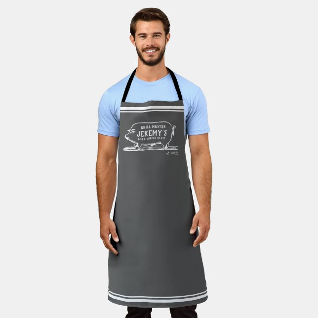 Mens BBQ Vintage Pig Personalised Grilling Apron (Worn)