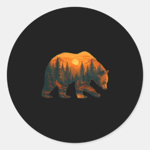 Mens bear silhouette with forest landscape and classic round sticker
