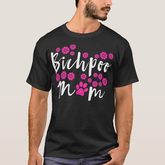 Mens Bichpoo Mom Pink Flower Design with Pink Paw  T-Shirt (Front)