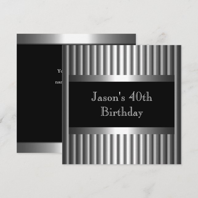 Mens Birthday Party Metal Chrome Black Silver 40th Invitation (Front/Back)