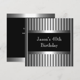 Mens Birthday Party Metal Chrome Black Silver 40th Invitation