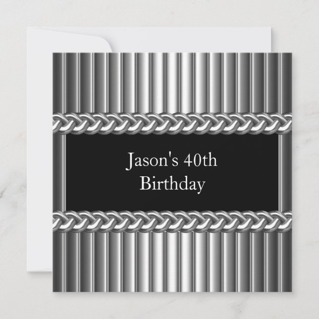 Mens Birthday Party Metal Chrome Black Silver 40th Invitation (Front)
