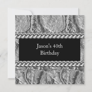 Mens Birthday Party Metal Chrome Black Silver 40th Invitation