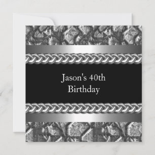 Mens Birthday Party Metal Chrome Black Silver 40th Invitation