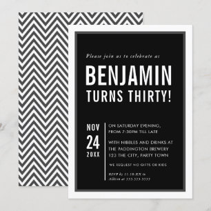 MEN'S BIRTHDAY PARTY modern typography black white Invitation