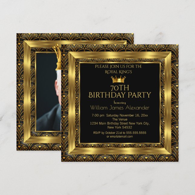 Mens Birthday Party Photo Crown Gold Art Deco Invitation (Front/Back)