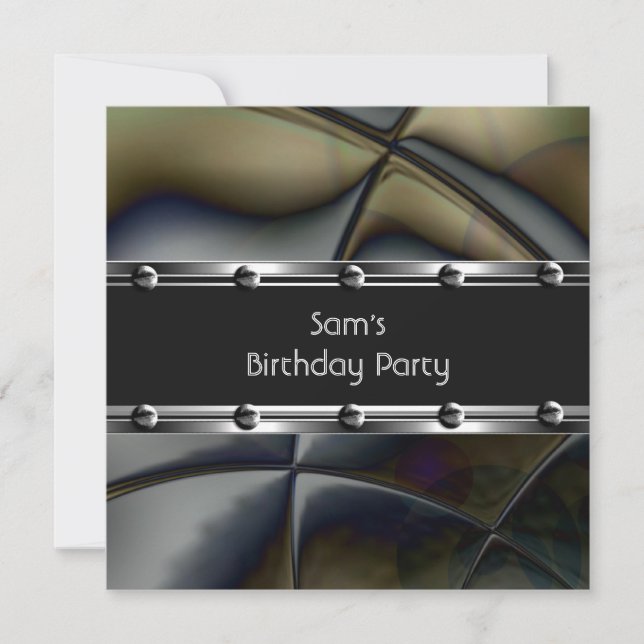 Mens Birthday Party Silver Metal Black Mans Invitation (Front)