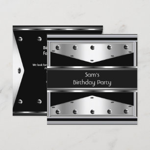 Mens Birthday Party Silver Metal Black Mans Invitation