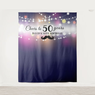 Men's Birthday Photo Backdrop String Lights Navy Tapestry