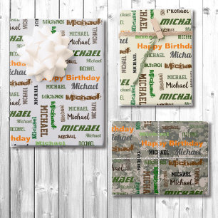 Men's Birthday Repeating Name Set of 3 Wrapping Paper Sheet