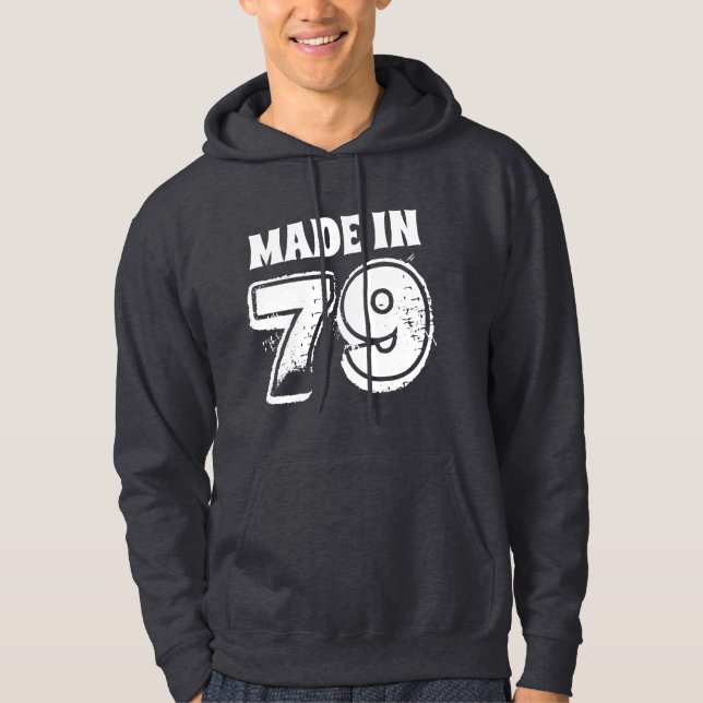 Mens Birthday Year Made in 79 Distressed Look Hoodie (Front)