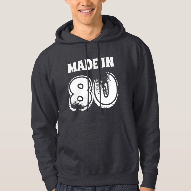 Mens Birthday Year Made in 80 Distressed Look Hoodie (Front)