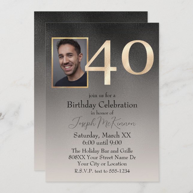 Men's Black and Beige 40th Birthday Invitation (Front/Back)