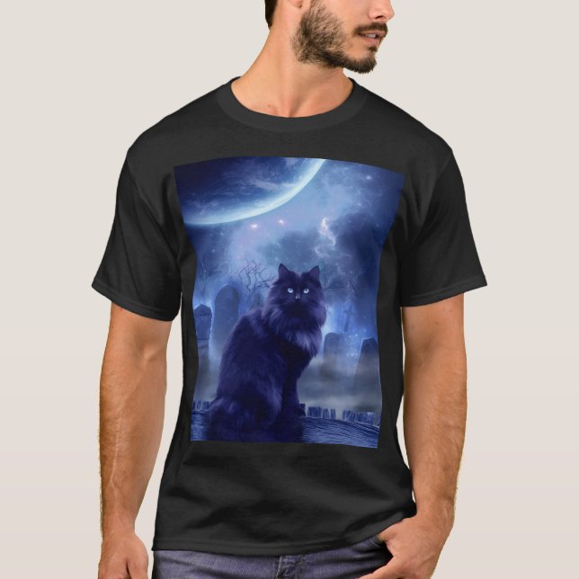 men's black cat and moon light T-Shirt (Front)