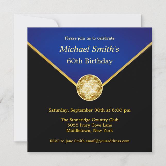 Mens Black Gold Blue Elegant Birthday Invitations (Front)