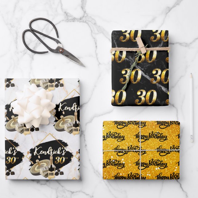 Men's  Black & Gold Casino 30th Birthday Wrapping Paper Sheet (Front)