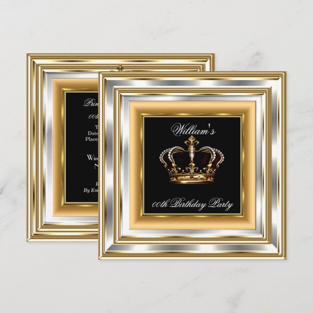 Men's Black Gold Silver Birthday Prince King 3 Invitation (Front/Back)