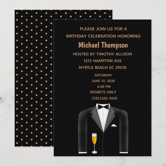 Mens Black Gold Tux Birthday Party Invitation (Front/Back)