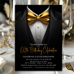 Mens Black Gold Tuxedo Any Number Birthday Invitation<br><div class="desc">Elevate your celebration with our men's birthday invitation featuring a sleek black tuxedo design and an elegant gold bowtie. The festive script text adds a touch of sophistication, making it perfect for a formal, classy, and sophisticated any number birthday or event. Customise this stylish invitation with your event details for...</div>