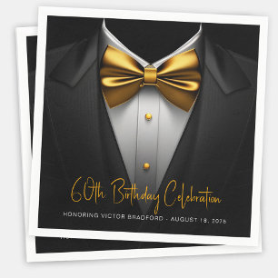 Mens Black Gold Tuxedo Birthday Napkin