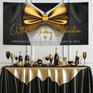 Mens Black Gold Tuxedo Birthday Party Banner