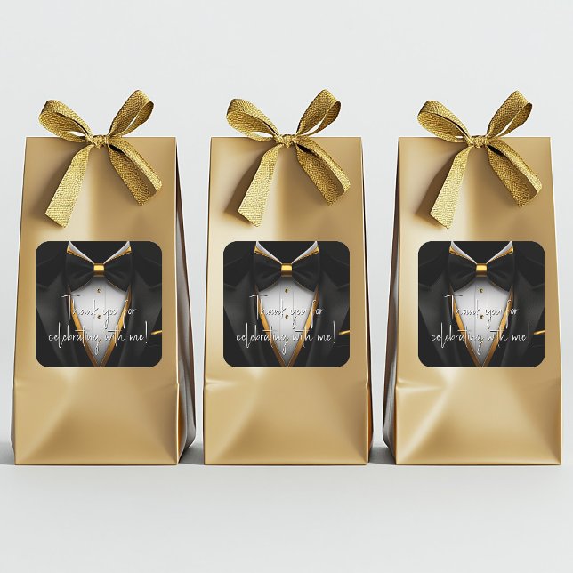 Mens Black Gold Tuxedo Birthday Party Square Sticker (Mens black and gold favor bag stickers with black gold tuxedo. Add your text to personalize. 2 sizes)