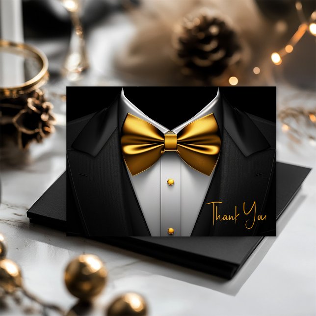 Mens Black Gold Tuxedo Birthday Party Thank You Card (Black and gold tuxedo thank you cards for birthdays, corporate events, bachelor party, etc. )