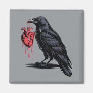 Mens Black Raven Gothic Crow Holding Red Heart Magnet