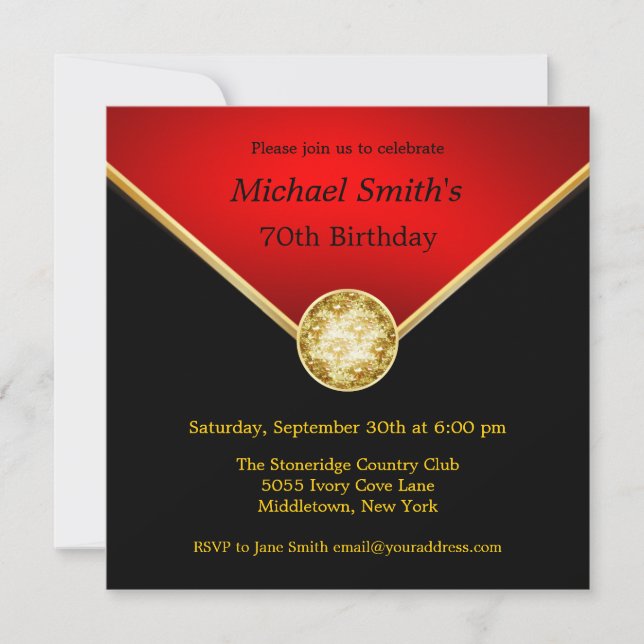 Mens Black Red Gold Elegant Birthday Invitations (Front)