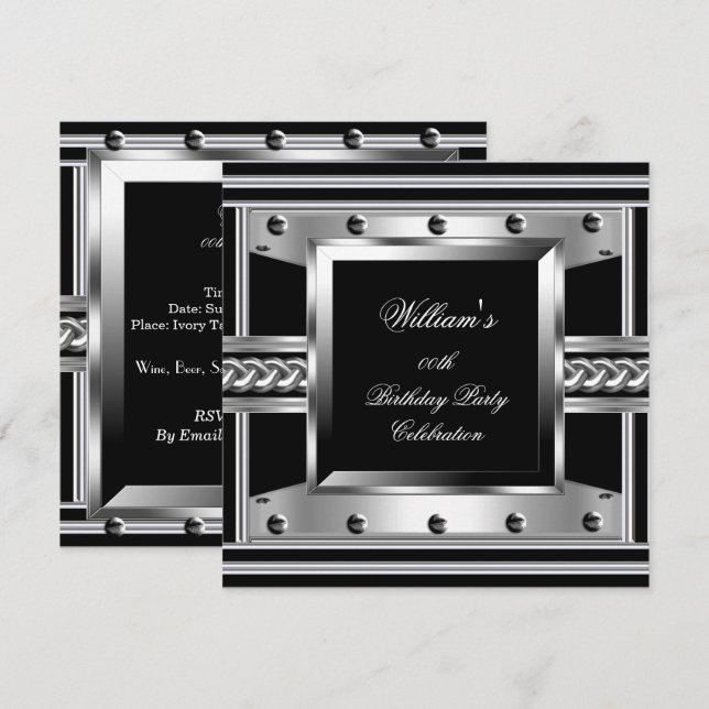 Men's Black Silver Birthday Party Metal Studs Look Invitation (Front/Back)