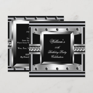 Men's Black Silver Birthday Party Metal Studs Look Invitation