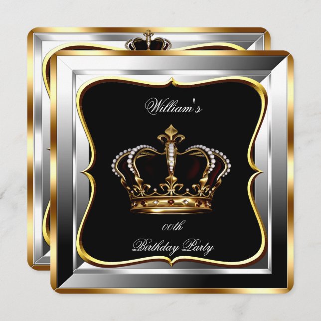 Men's Black Silver Gold Birthday Prince King 2 Invitation (Front/Back)